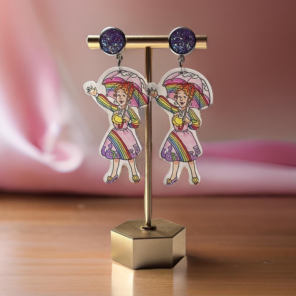 Miss Frizzle Back-to-school Magic School Bus Pink Umbrella Dangle Earrings